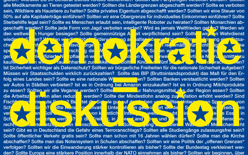 Eine blaue Grafik mit dem Text »Demokratie = Diskussion« in Gelb.