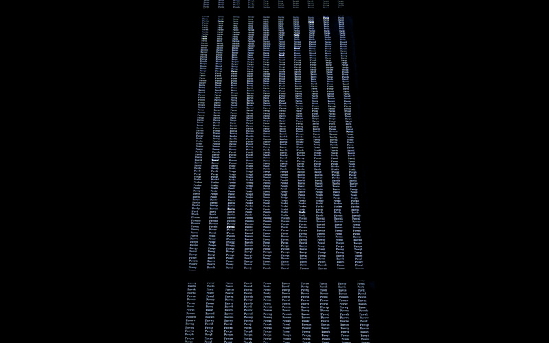 The photo shows the shadow of a person in front of a large data wall.