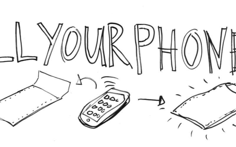 The url killyourphone.com is written by hand with big black letters and underneath a sketch of a mobile phone, to instruct how to shield it by putting the phone in a special pouch.
