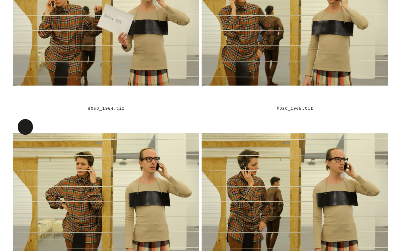 Das Cover der Publikation »Eran Schaerf. FM-Scenario – Realitätswettlauf« zeigt eine Reihe von Fotos, die während einer Performance entstanden. Ein Mann und eine Person ohne eindeutige Geschlechtsidentität telefonieren mit ihrem Handy.