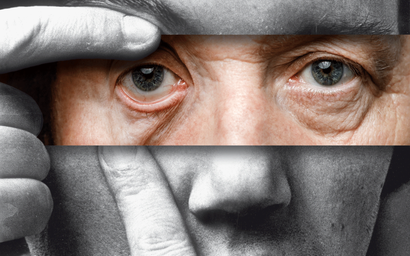 Eine Fotomontage aus drei Streifen, sie zeigt das Portrait von Peter Weibel in jung und alt.