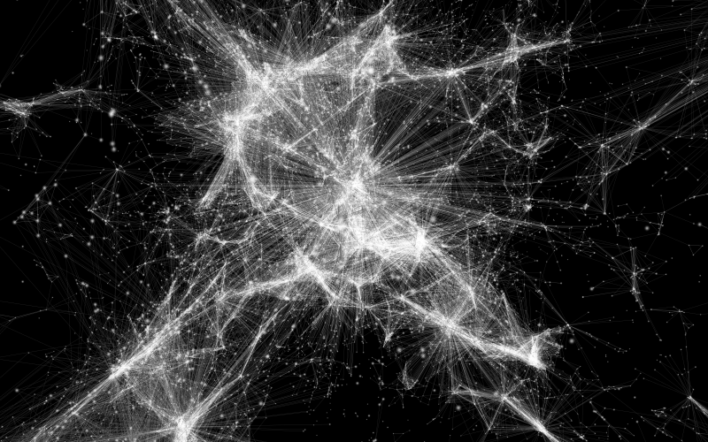 Zu sehen ist eine Visualisierung eines Netzwerkes. Es sieht aus wie ein Spinnennetz.