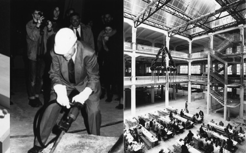 Vlnr: Entwurf des Umbaus, Heinrich Klotz beim Spatenstich, festliches ZKM_Foyer