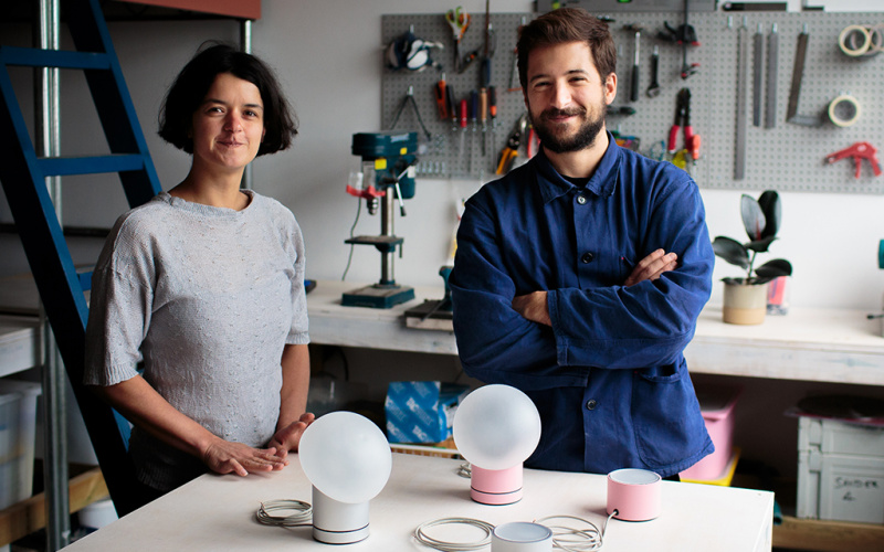 The picture shows the artist duo Unit Lab in their working workshop.