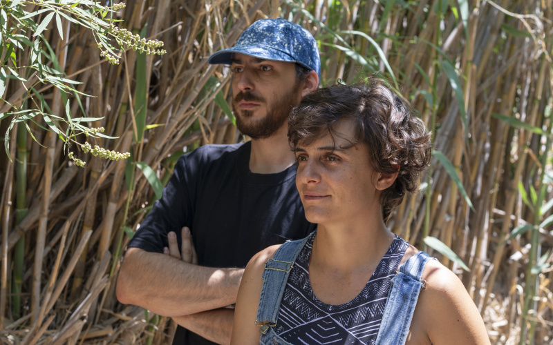The picture shows the artist duo Hypercomf. Here they stand diagonally behind each other, the woman in front and the man behind, while both are turned to the left and look at something outside the picture. They are standing in front of a cornfield.