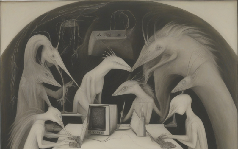 KI generiertes Bild prompted im Stil von LeonoreCarrington das 6 Gestalten in schwarz weiß zeigt