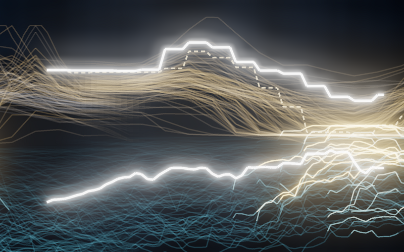 Eine stilisierte Landschaft aus neonfarbenen Linien.