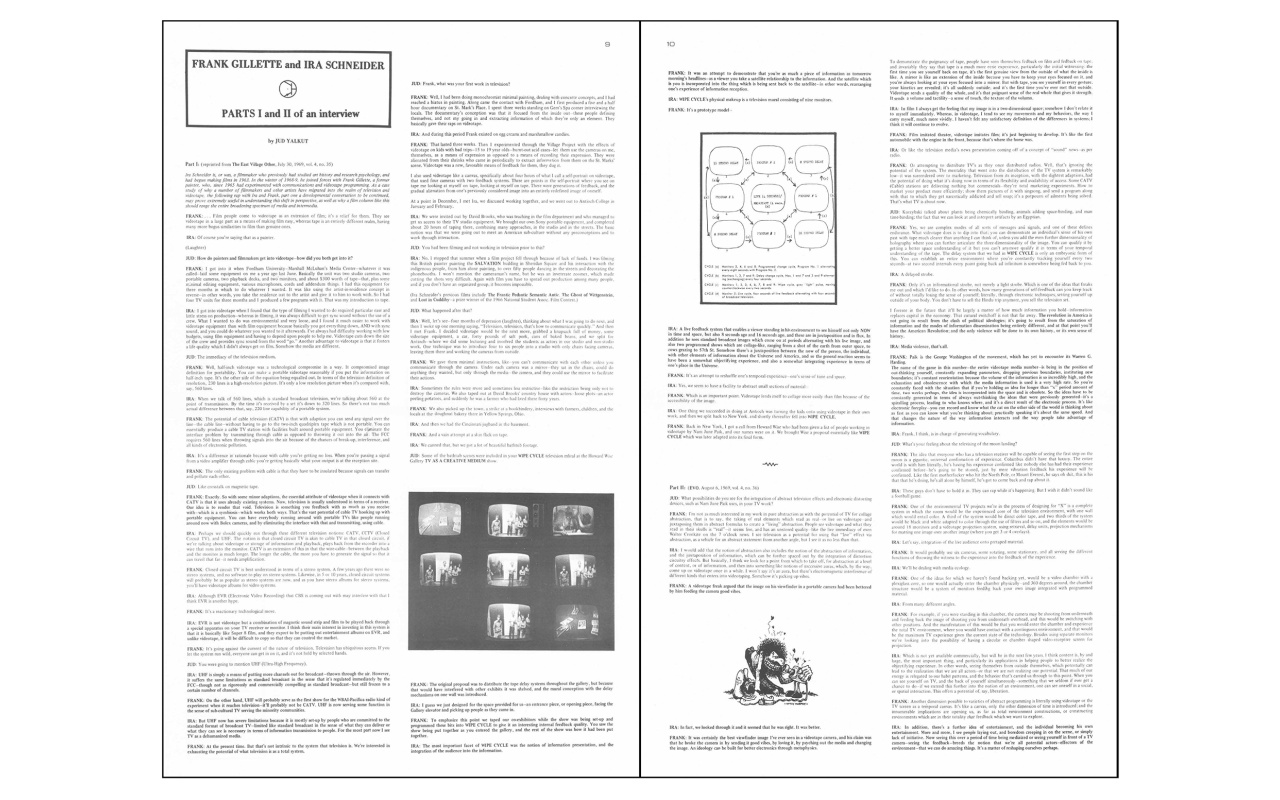 Teil I und II eines Interviews von Jud Yalkut mit Frank Gillette und Ira Schneider, in: »Radical Software«, Vol. 1, Nr. 1, 1970