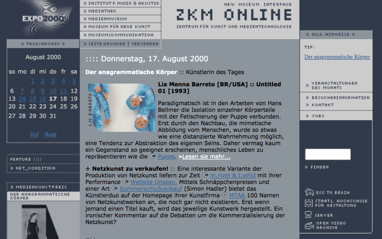 Screenshot der ZKM Website aus dem Jahr 2000.