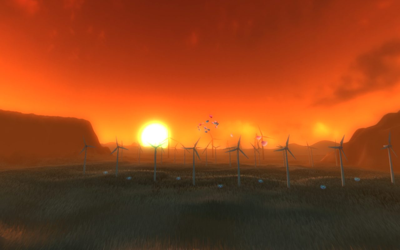 Blossoms are flying above wind turbines, behind which the sun is going down