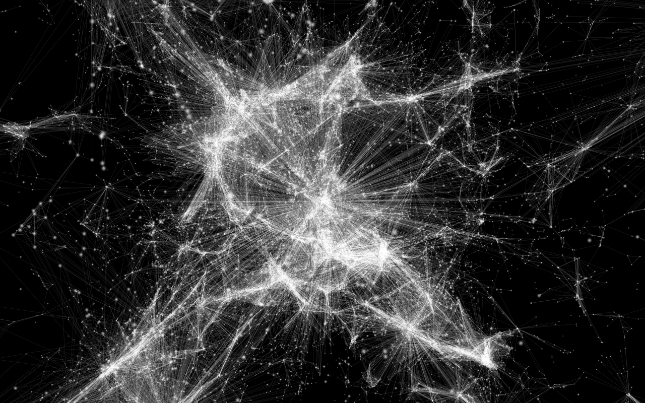 Zu sehen ist eine Visualisierung eines Netzwerkes. Es sieht aus wie ein Spinnennetz.