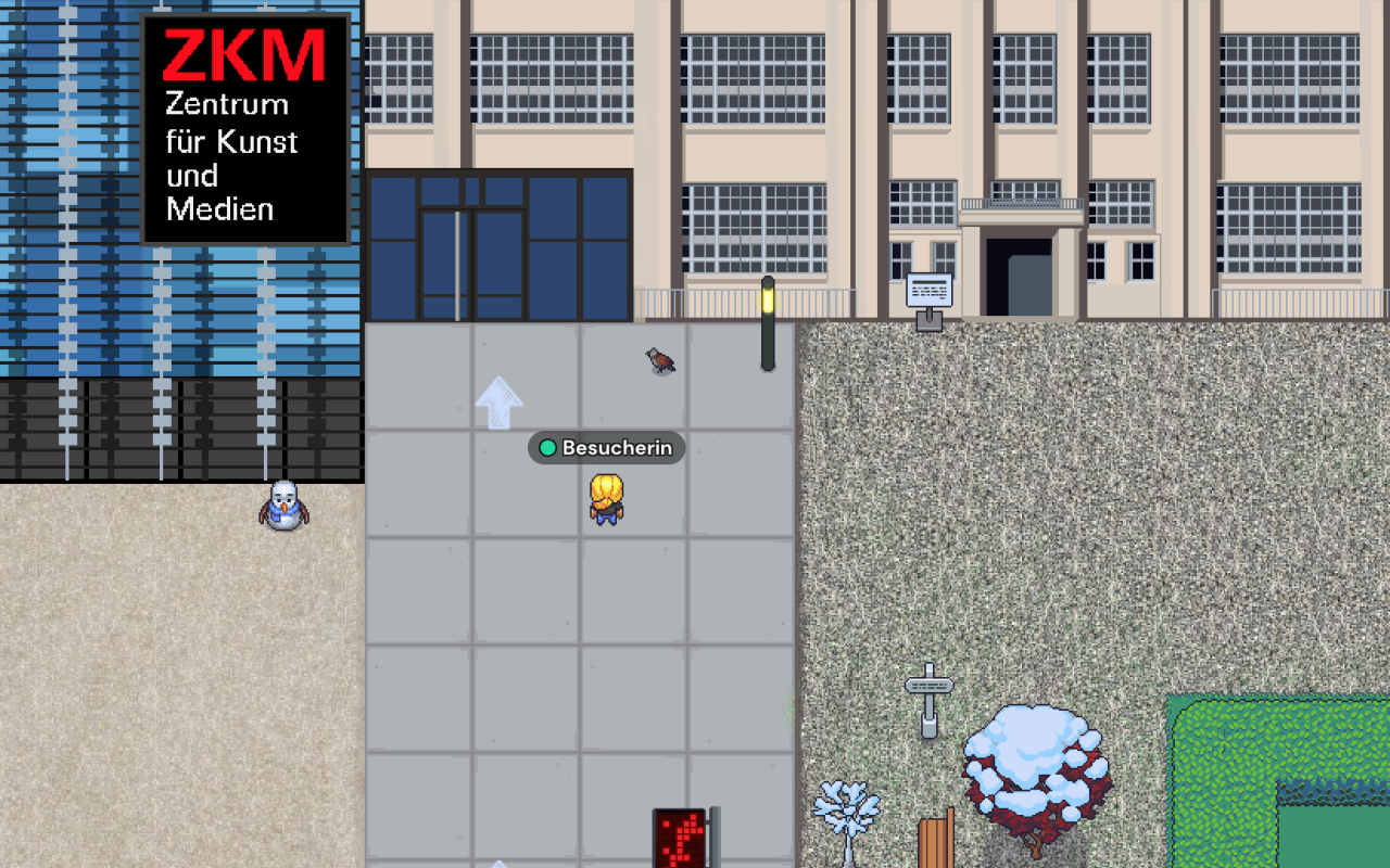 You can see a virtual room with seating groups and game characters