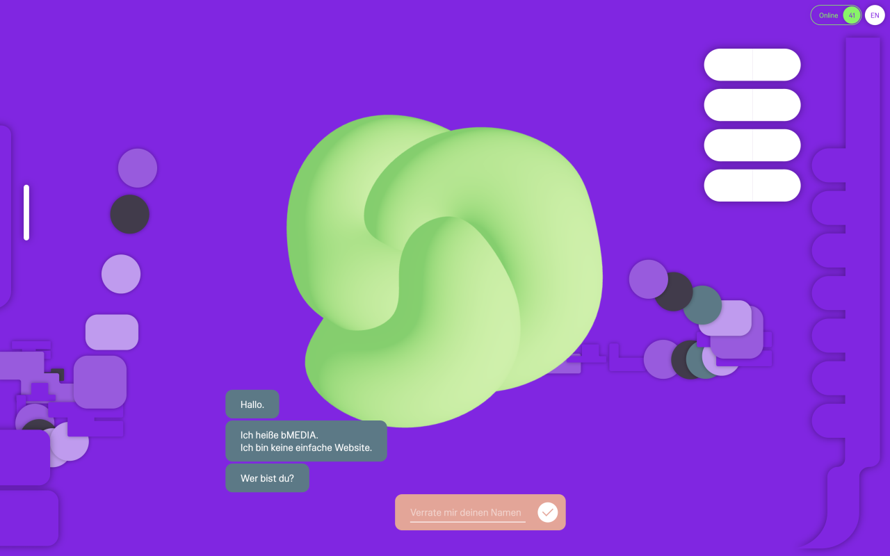 Digitale Plattform der Ausstellung »BioMedien«. Zu sehen ist ein animiertes, knotenähnliches, grünes Objekt auf einem violetten Hintergrund.
