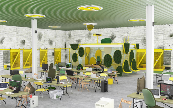 Graphical representation of a possible work area with green ceiling, yellow chairs and circular plastic grass surfaces on the walls