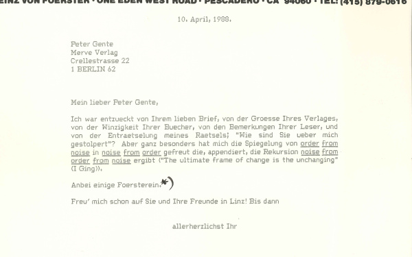 Letter by Heinz von Foerster to Merve publisher, 10.4.1988.