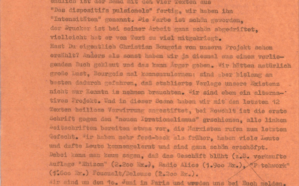 Letter by Peter Gente to Jean-François Lyotard, 1.6.1978.
