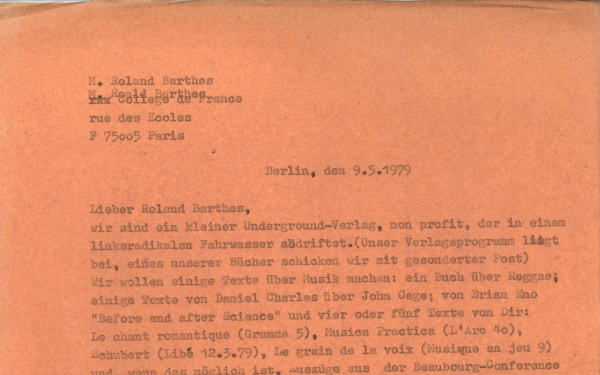 Letter by Merve publisher to Roladn Barthes, 9.5.1979.
