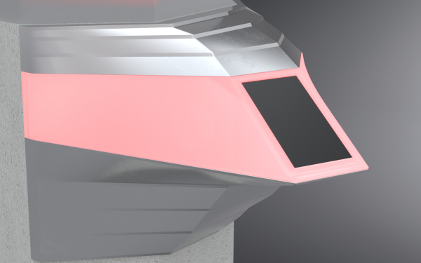 Konstruktionszeichnung der Chatbot-Unit: Silber mit rosa leuchtender Einheit.