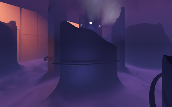 Eine gerenderte Grafik in Lilatönen, sie zeigt eine verschattete Felsenlandschaft in einem Gebäude.