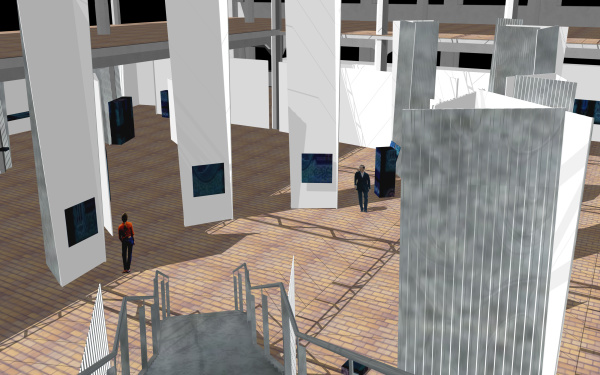 Virtuelle Computergrafik eines großen zweistöckigen Ausstellungsraums voller weißer Säulen