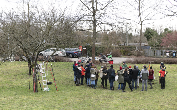 Eine Gruppe von Menschen steht auf einer Wiese neben einem Baum.