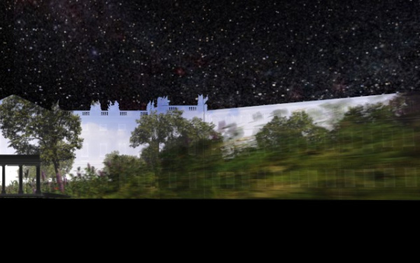 You can see the illuminated Karlsruhe Castle in front of a sky full of stars. Projected is a pavilion surrounded by trees with 4 columns