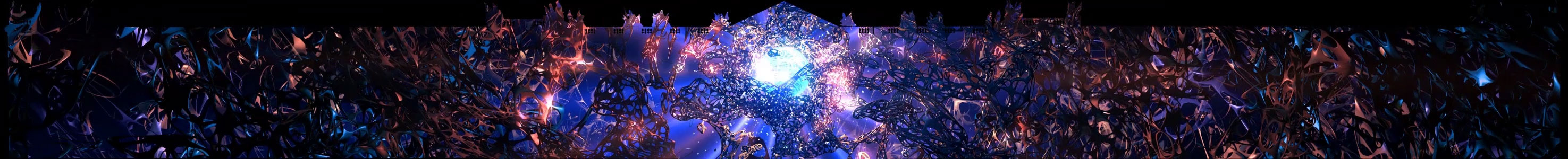 The illuminated Karlsruhe Castle can be seen. Projected are black and chump colored nets interwoven with each other and a light source in the center