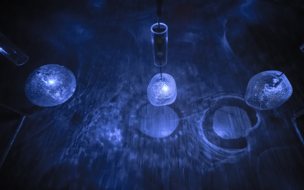 Justine Emard, »Supraorganism«, 2020. Zu sehen ist eine reaktive Installation aus robotischen Glasskulpturen, die leuchten.