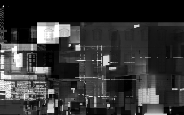 The black and white illuminated Karlsruhe Castle can be seen. Projected were various shapes reminiscent of circuit boards. 