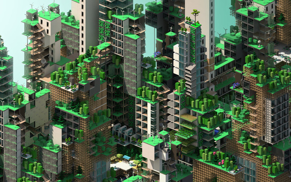 Blockartige Hochhäuser mit dem Titel »Blook'Hood«