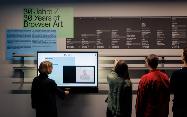 Ein Zeitstrahl an der Wand davor ein Bildschirm und Personen von hinten.