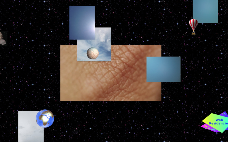 Verschiedene viereckige Graphiken, eine davon zeigt menschliches faltiges Hautgewebe, liegen auf einem Hintergrund aus Universum. 