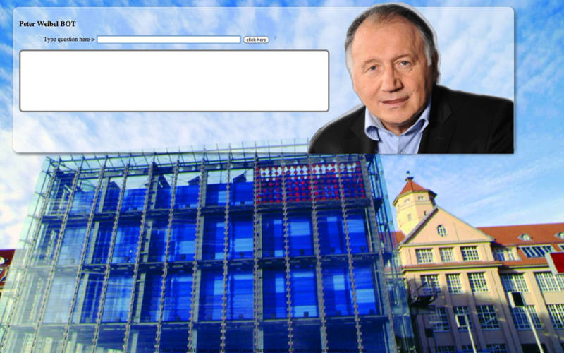 Links ein Text-Eingabefeld und rechts der Kopf von Peter Weibel