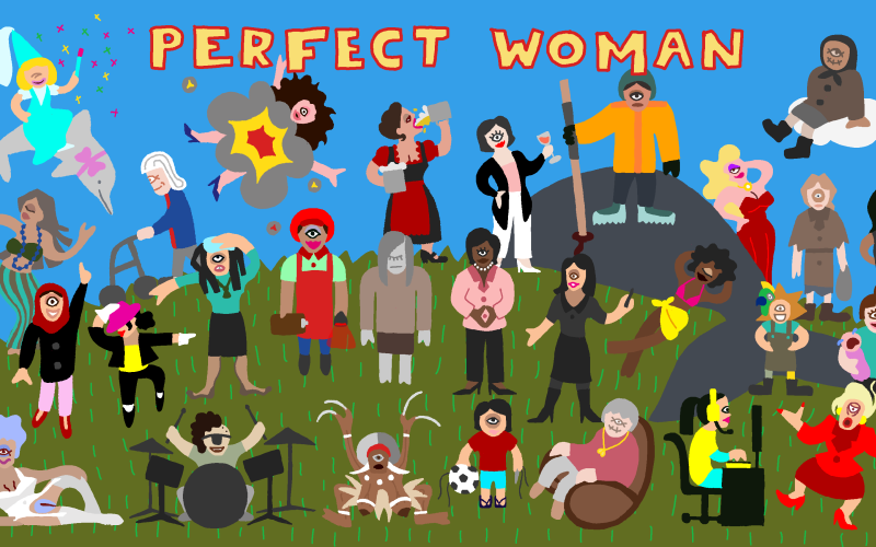 Unter dem Schriftzug »Perfect Woman« versammeln sich viele einäugige Figuren