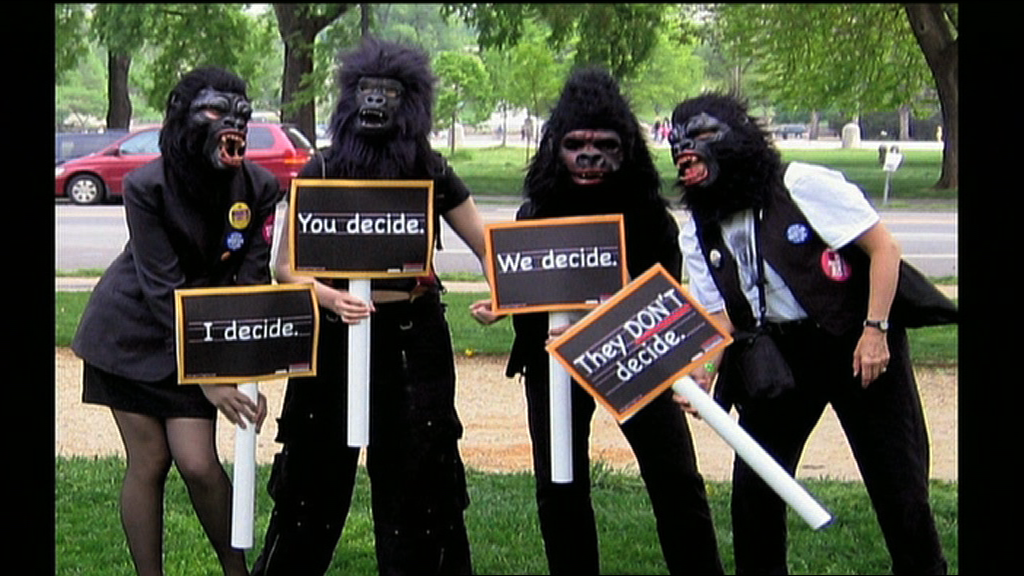 Protesters with monkey costumes