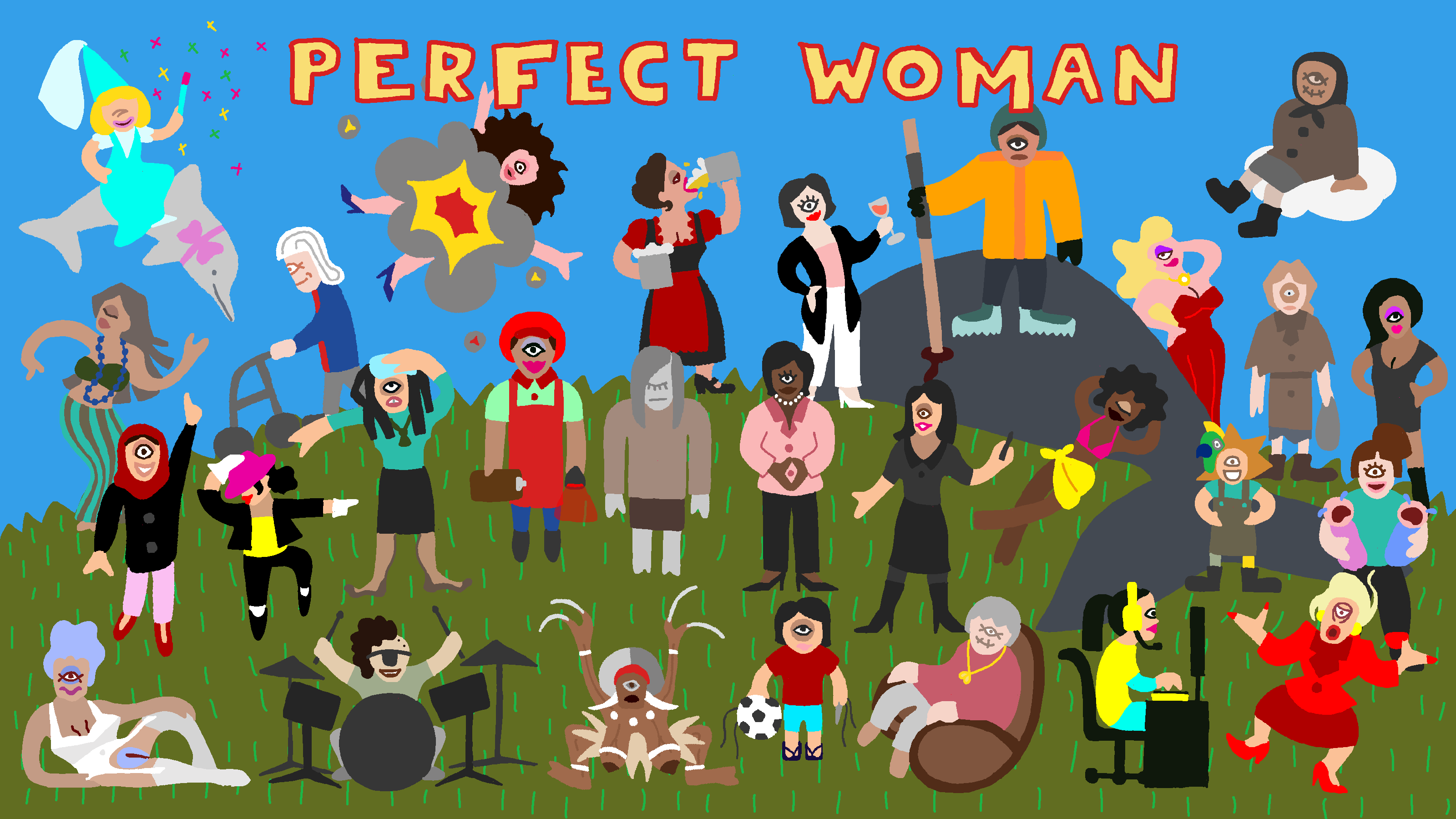 Unter dem Schriftzug »Perfect Woman« versammeln sich viele einäugige Figuren