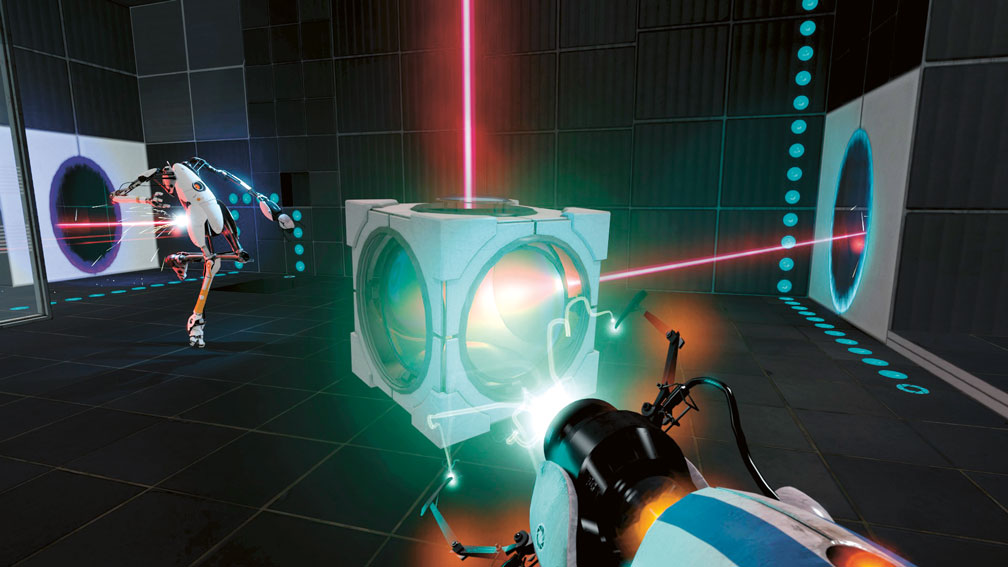 Aus der Ego-Perspektive fällt der Blick auf einen Kubus durch den Laserstrahlen gehen
