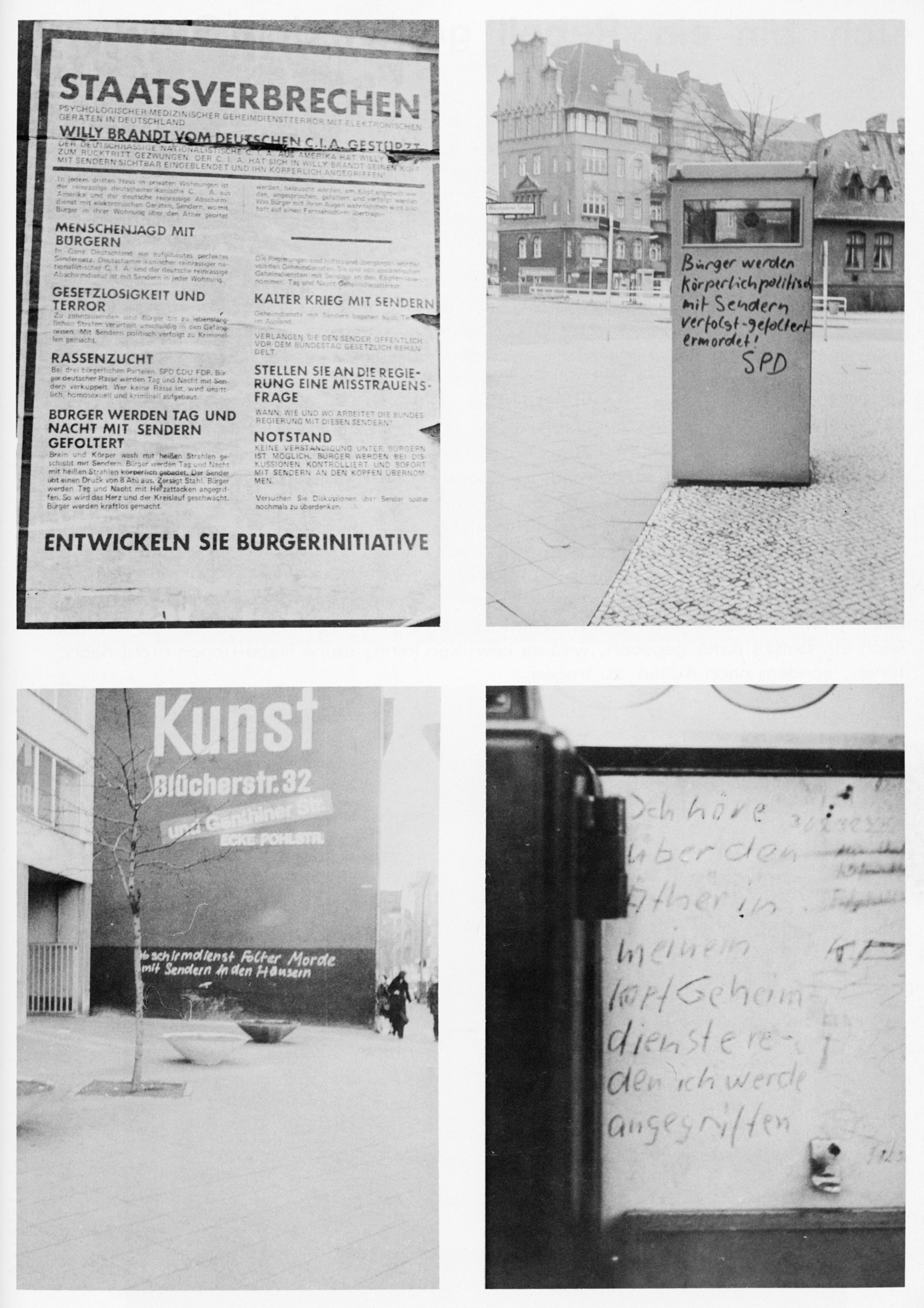 Vier Fotos mit Grafittis des sogenannten "Sendermanns".