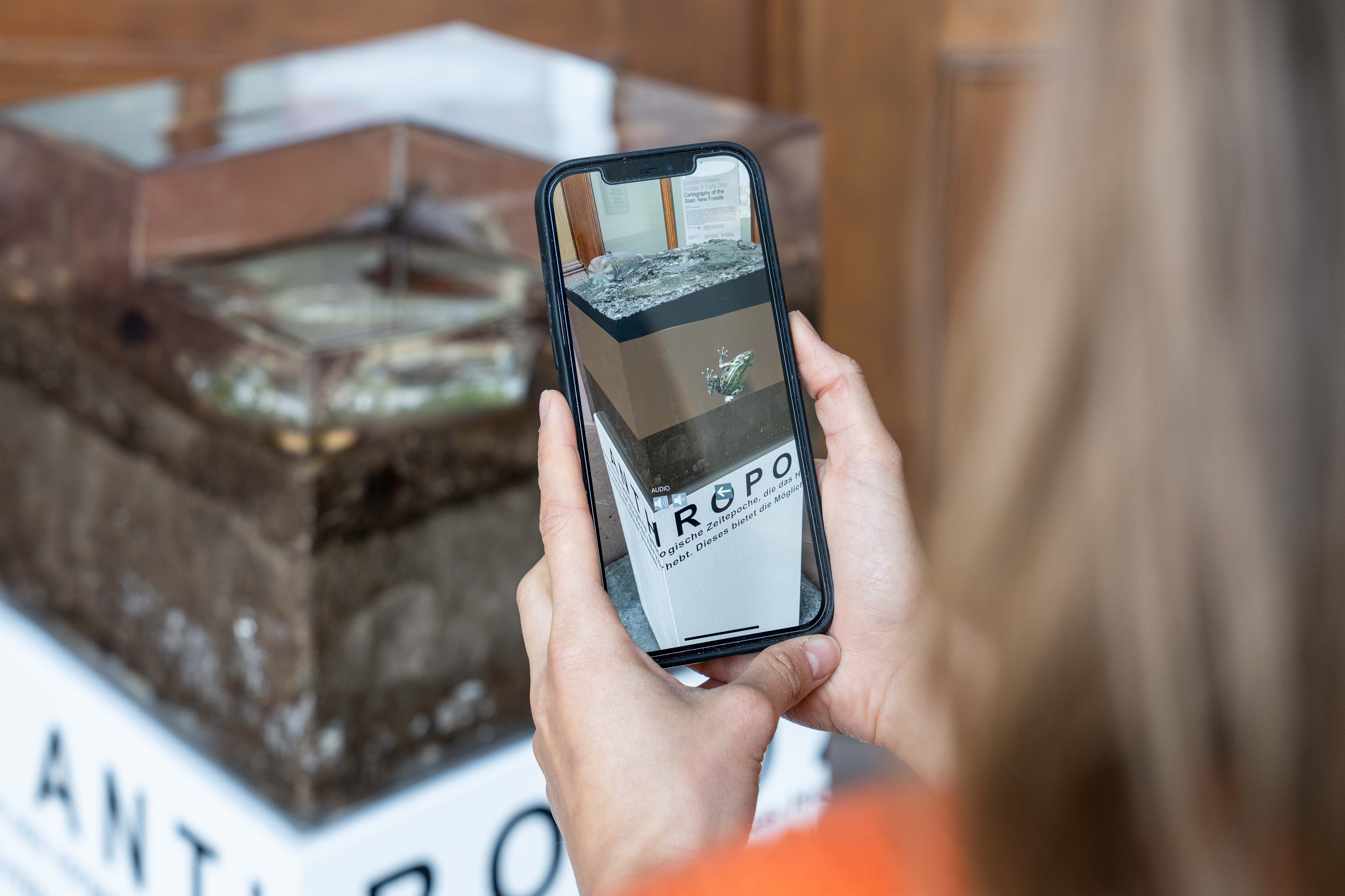 Zu sehen ist eine Person, welche die Installation mittels AR über das Smartphone betrachtet