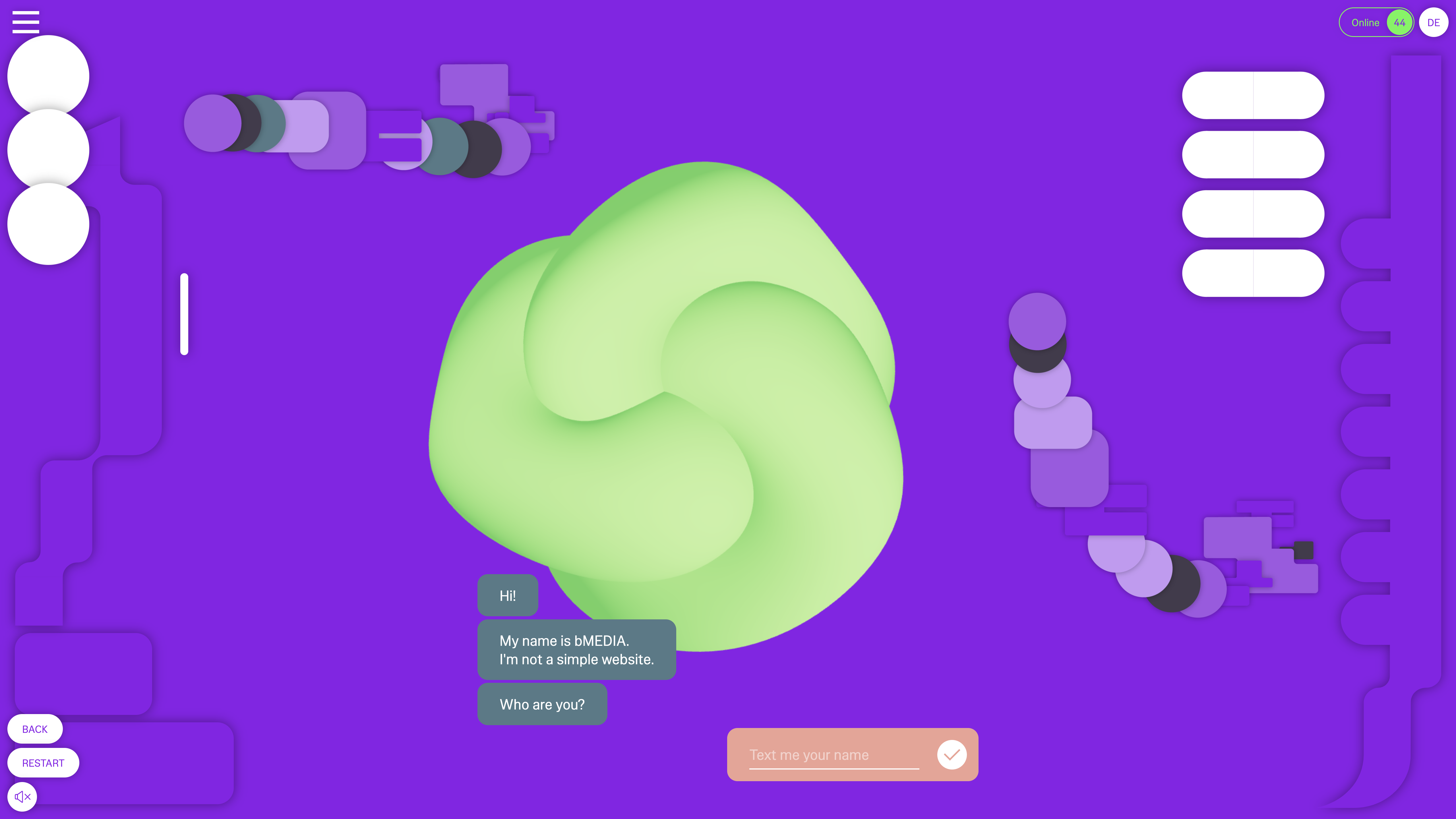 Digital platform of the exhibition »BioMedia«. You can see an animated node-like green object on a purple background.