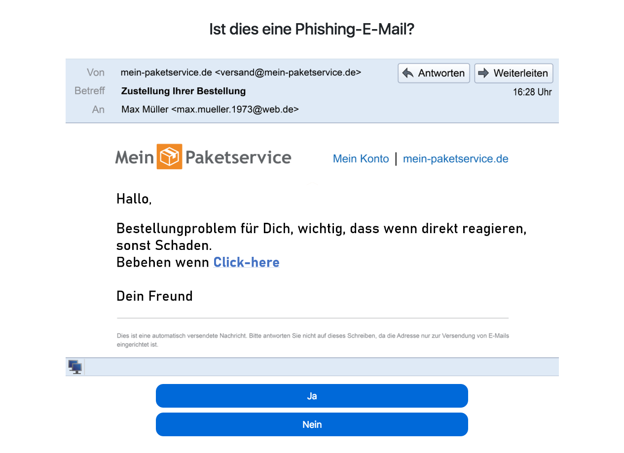Bildschirmaufnahme des »NoPhish Quiz«, E-Mail eines Paketservice fordert zum Anklicken eines Links auf