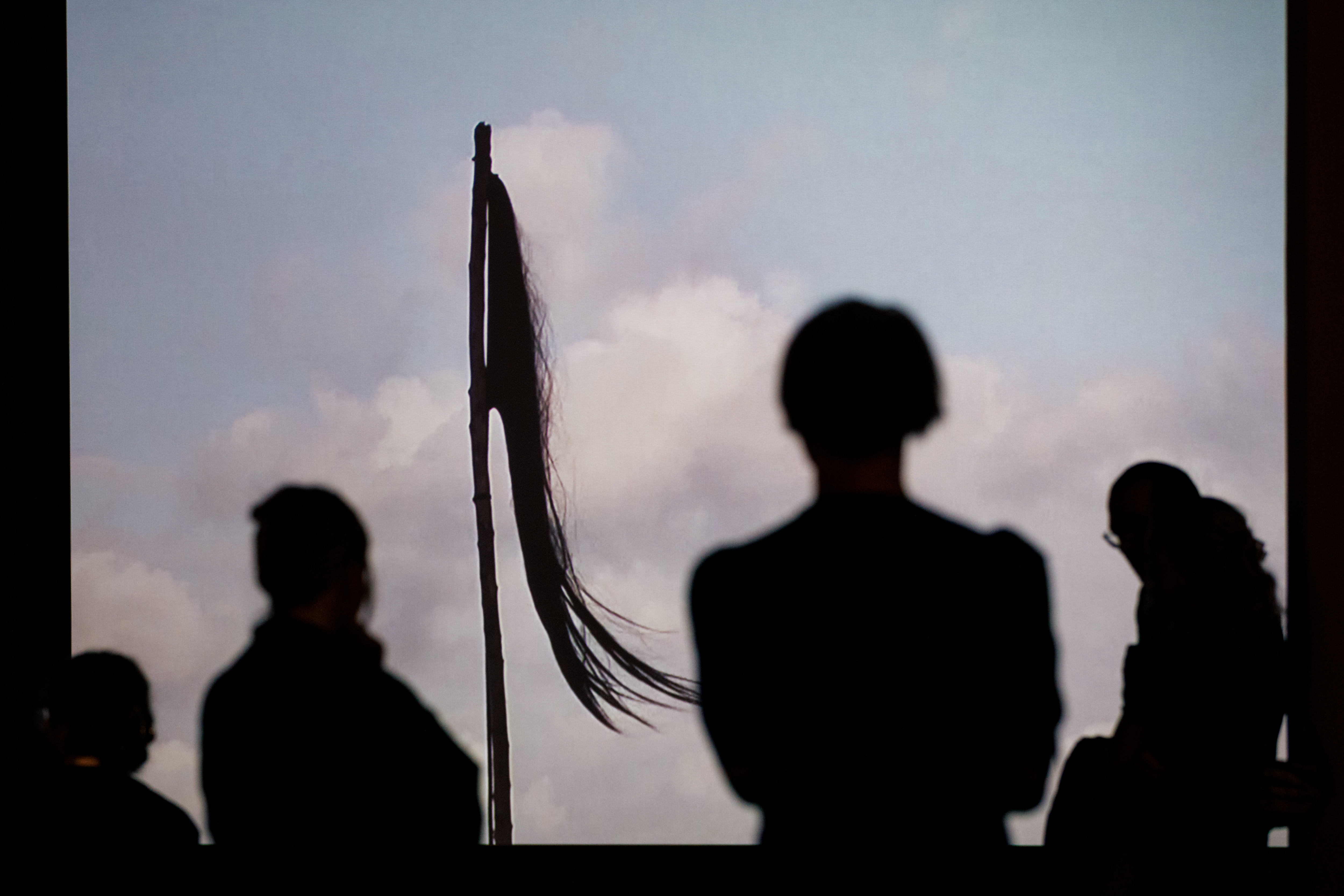 Shadows of people can be seen in front of Edith Dekyndt's installation “Ombre indigène (Part 2, Martinique)”.