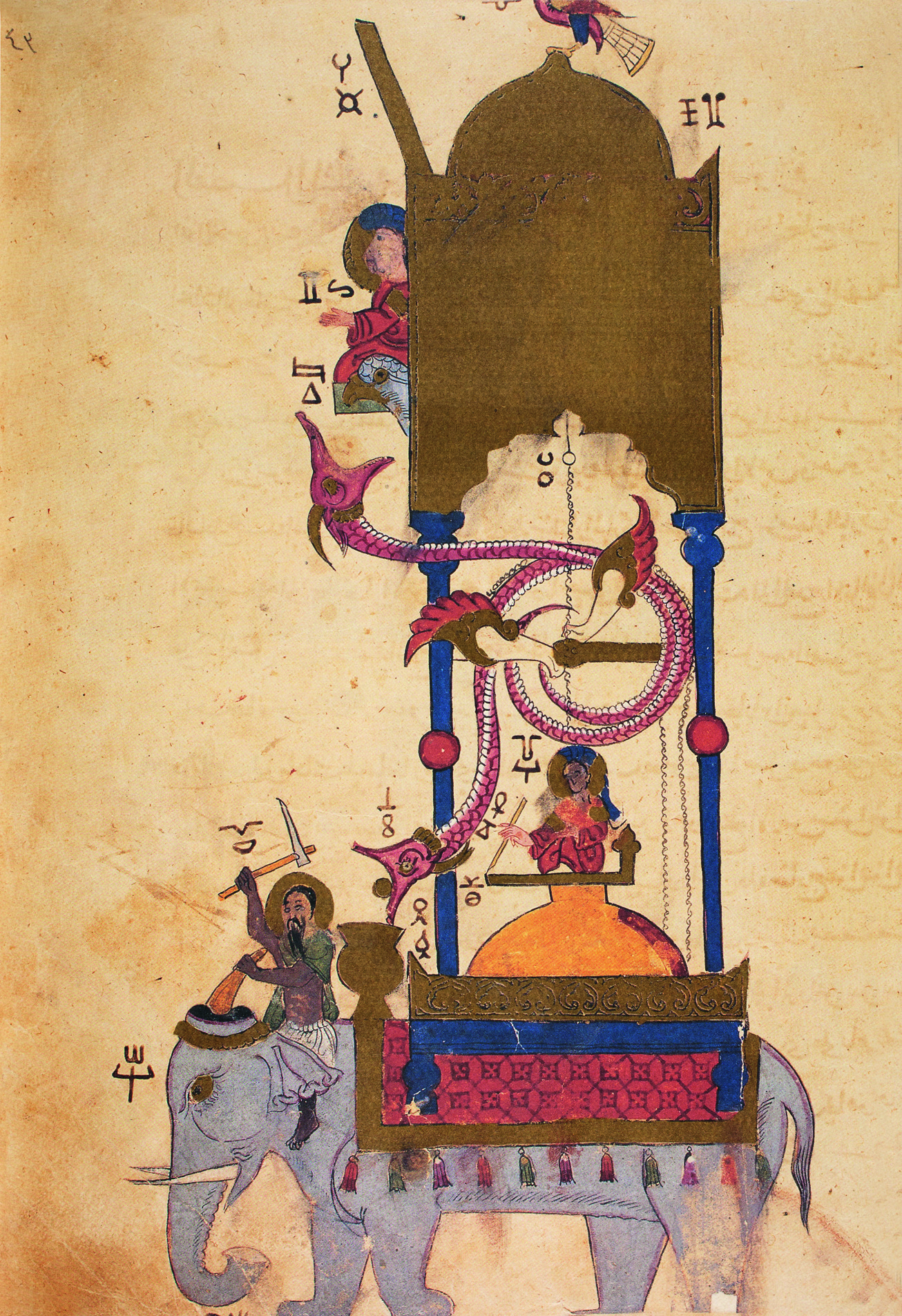 On the back of an elephant a litter with three persons