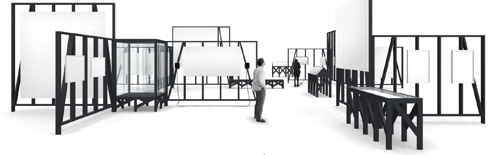 Sketch of exhibition architecture with various modules