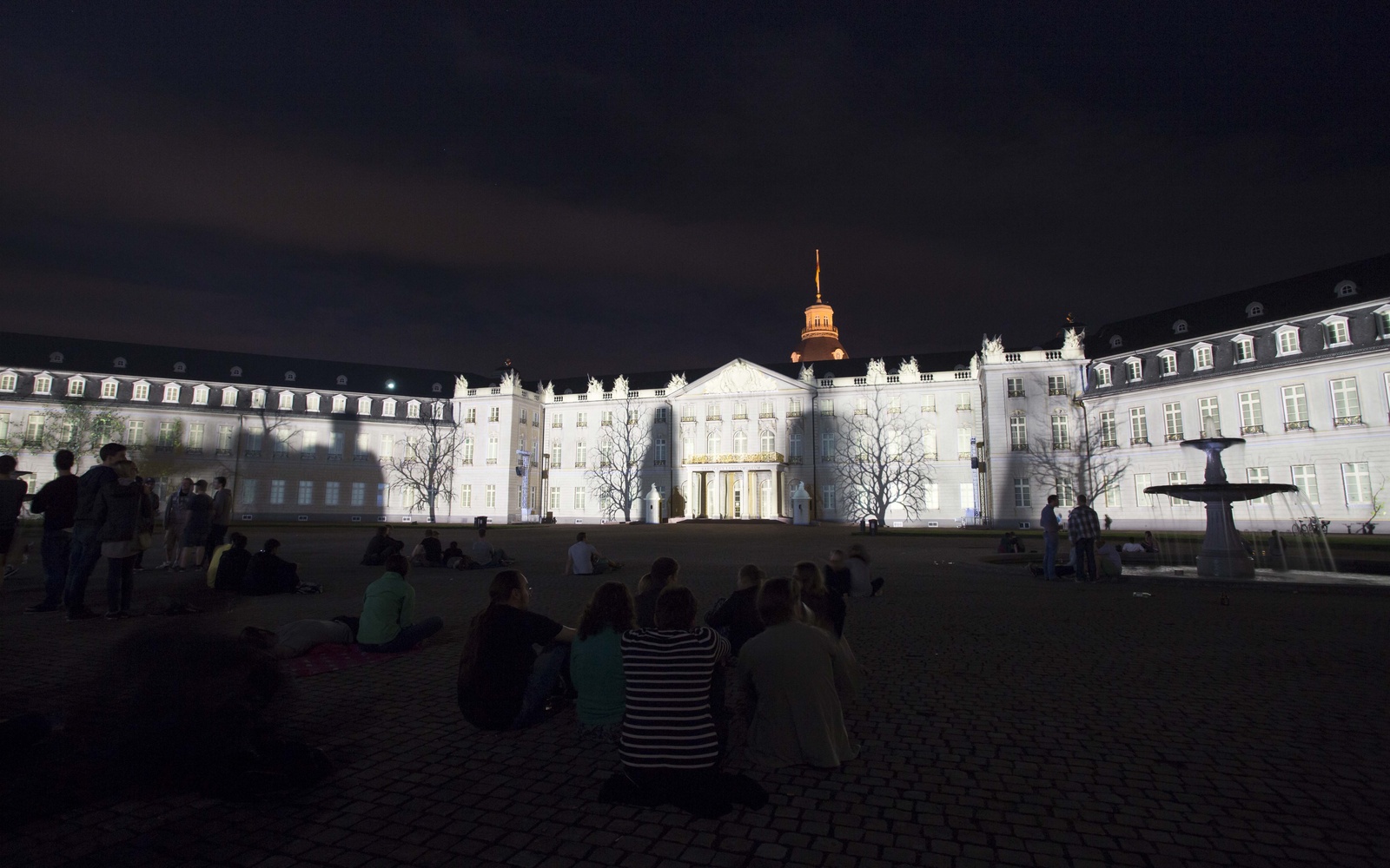 Die Schlossfassade in weißem Licht mit Schatten von Bäumen