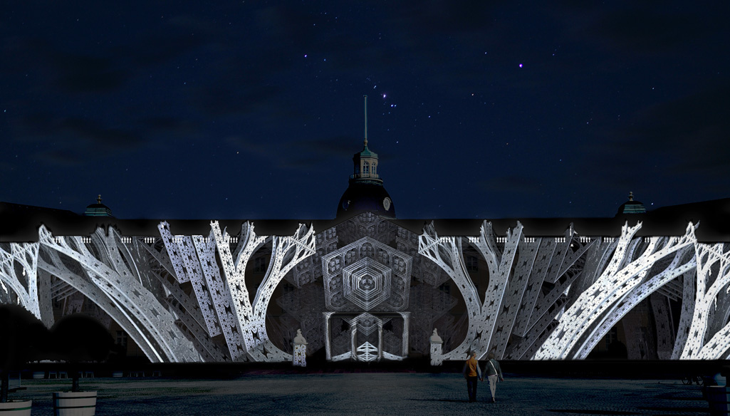 Die Schlossfassade mit verzerrten Pfeilern