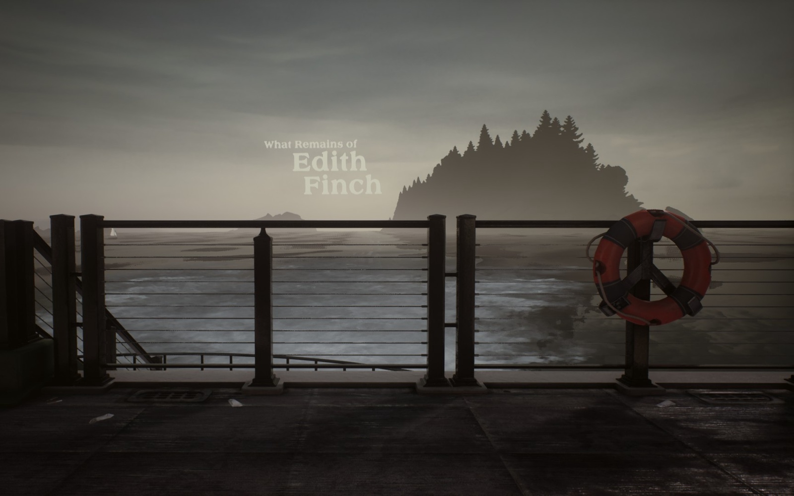 Screenshot: Blick von einer Fährer auf eine Insel und Einblendung des Werktitels