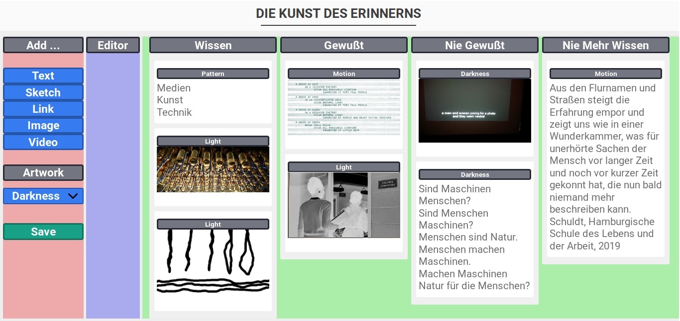 Eine bunte Tabelle mit verschiedenen Unterpunkten zum Thema »Kunst des Erinnerns«