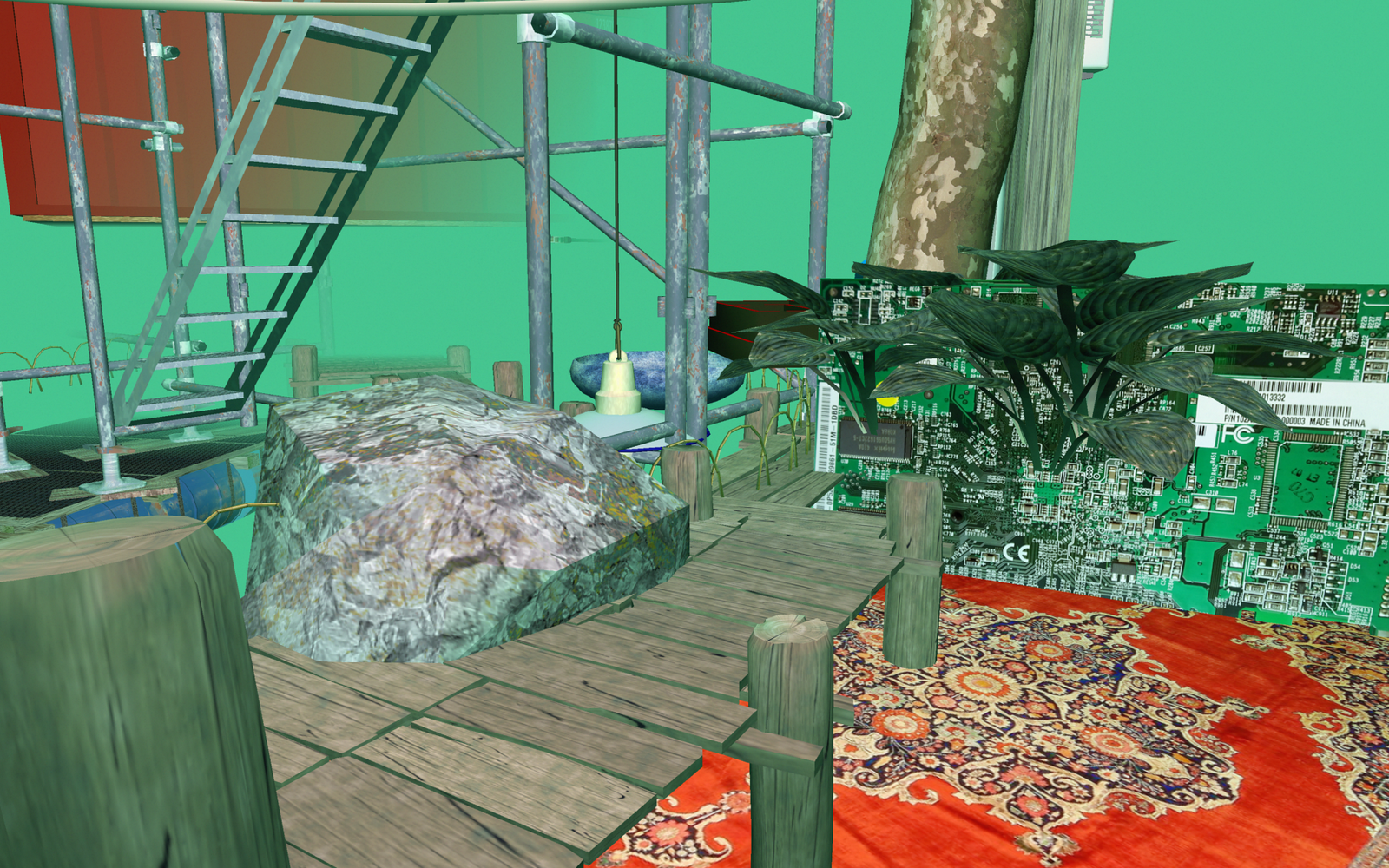 Imaginäre 3-D-Landschaft mit Baustellengerüst, Perserteppich, Pflanzen und einem Holzsteg