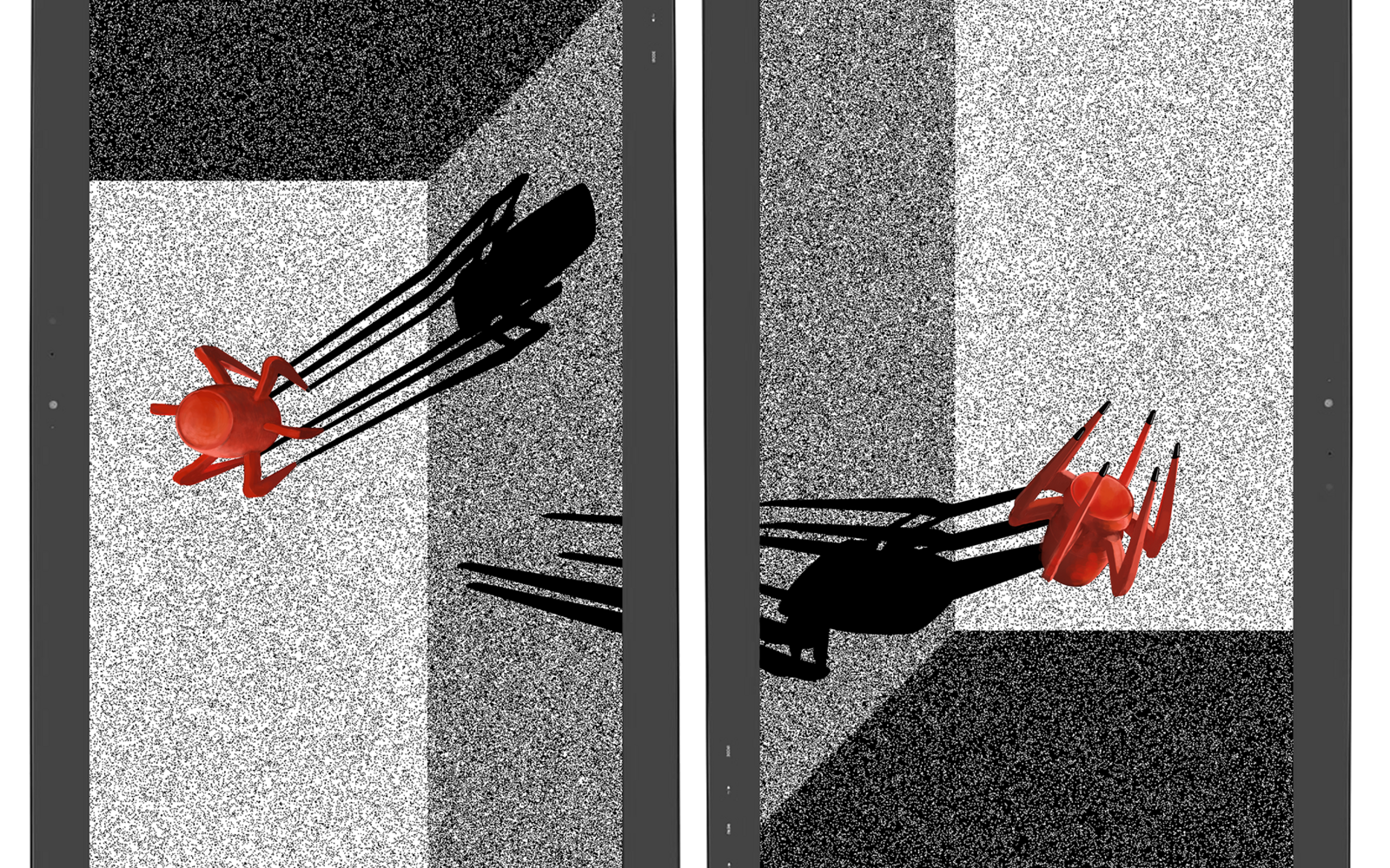 Zu sehen sind zwei rechteckige Zeichnungen in verschiedene Graustufen mit einer spinnenähnlichen, roten Figur, die einen großen Schatten wirft 